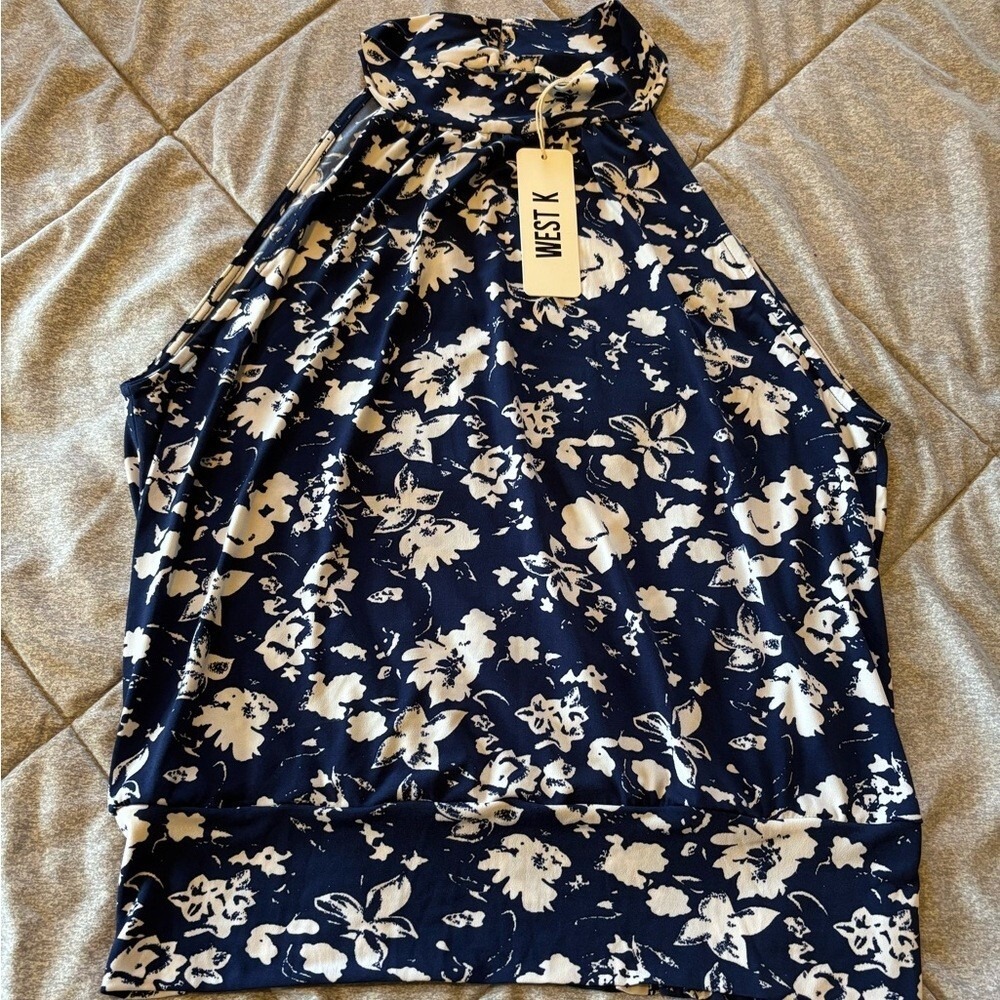 West K Womens Floral High Neck Halter Blouse Navy White Smocked Hem XL TU40895-E